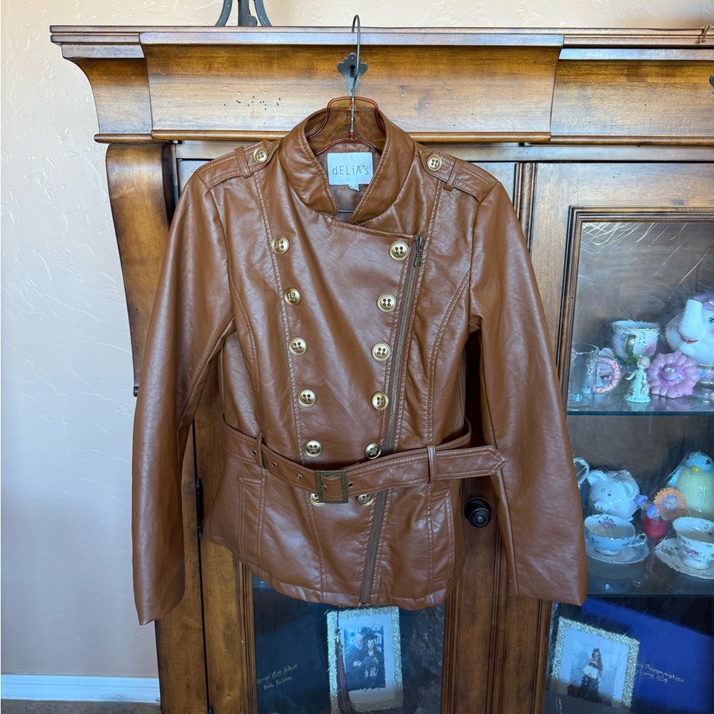 dELiA*s Brown Double Breasted Faux Leather Coat With Belt SZ M